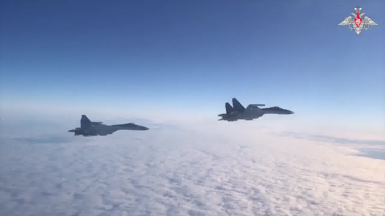 Russian MOD video of Two Tu-95MS long-range bombers flight over the Sea of Okhotsk and Sea of Japan(East Sea).The flight duration exceeded 8 hours. Su-35S and Su-30SM aircraft of the Russian Aerospace Forces escorted the bombers